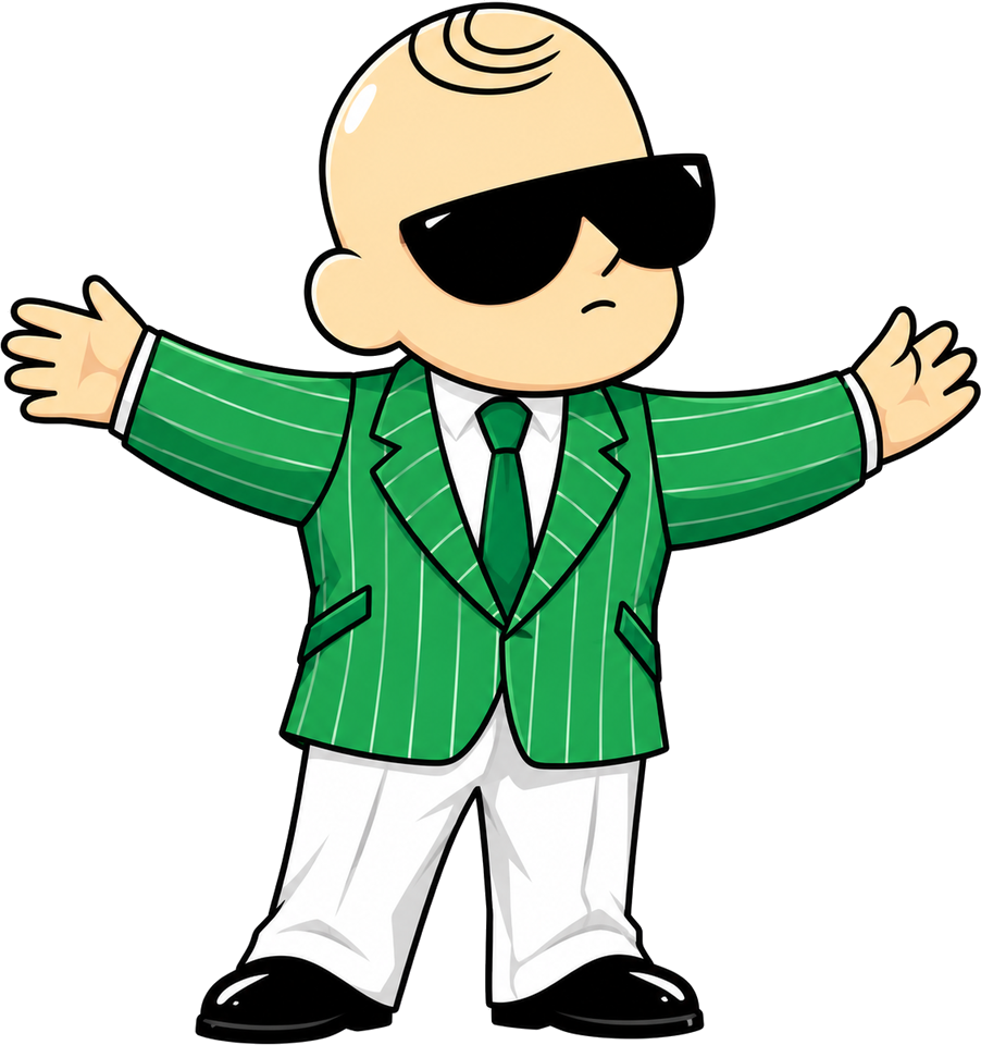 FUCKBOY, a baby in a green pinstripe suit and black sunglasses, arms out on Wall Street